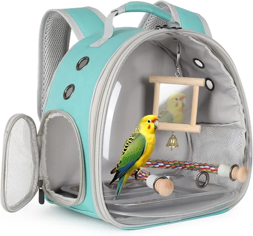 Vista 15 de Jaula portátil de viaje para loros con juguete pequeño oscilante y jaula de juguetes coloridos, bolsa de periquito para pájaros pequeños con bolsa