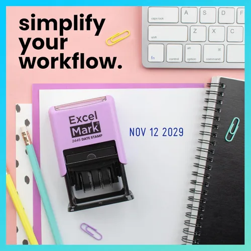 Vista 9 de ExcelMark 2445 sello de fecha: perfecto para envío, recepción, vencimiento y fechas de vencimiento (tinta azul, soporte violeta)