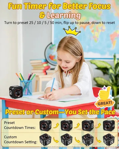 Vista 2 de Cubo de temporizador digital Pomodoro de 5/10/25/50 minutos, temporizador de productividad visual para escritorio de aula, cuenta regresiva Negro