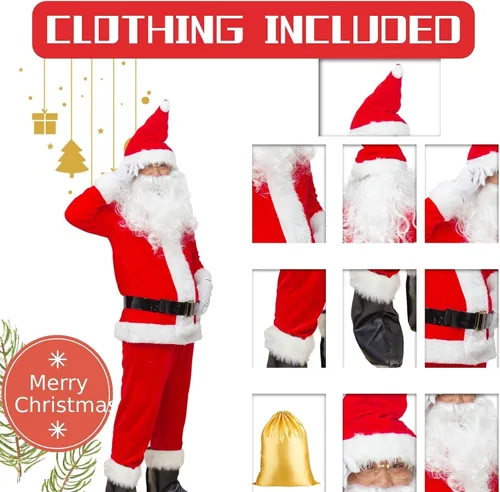 Vista 5 de Disfraz de Papá Noel para hombre, disfraz de Papá Noel rojo, 10 unidades, incluye sombrero, abrigo, pelucaguantes, pantalones, botas, cuerda