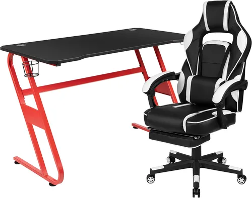 Vista 51 de Flash Furniture Juego de escritorio para juegos negro y silla de carreras blanco/negro con soporte para tazas, gancho para auriculares y soporte