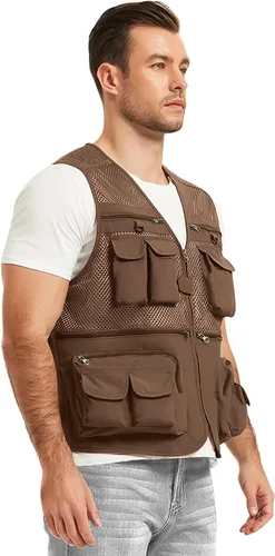 Vista 3 de Chaleco Flygo para hombre, para pesca, trabajo, safari, viaje de reportajes o para actividades al aire libre en verano, con bolsillos