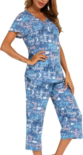Vista 2 de ENJOYNIGHT - Conjunto de pijama para mujer, ropa de dormir de algodón con camiseta y pantalones capri, lindos pijamas