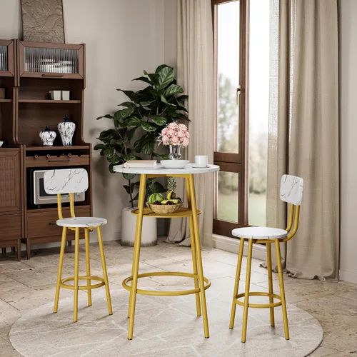 Vista 21 de Juego de mesa de comedor para 2, mesa de bar y sillas para 2, juego de mesa de bar pequeña de 3 piezas con 2 taburetes, parte superior de mármol