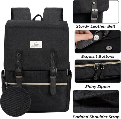 Vista 4 de Ronyes - Mochila vintage para laptop para mujeres y hombres, de 15.6 pulgadas, mochila casual de día con puerto de carga USB para trabajo