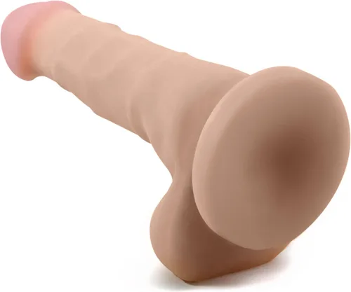 Vista 6 de Blush Au Naturel Sam - Consolador realista de 7.5 pulgadas con bolas, polla SensaFeel de doble densidad, base de ventosa, arnés de eje flexible Beige
