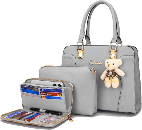 Vista 15 de Soperwillton Monederos para mujer, bolso cruzado de hombro, asa superior, bolsa de mano, cartera, juego de 3 piezas beige/marrón