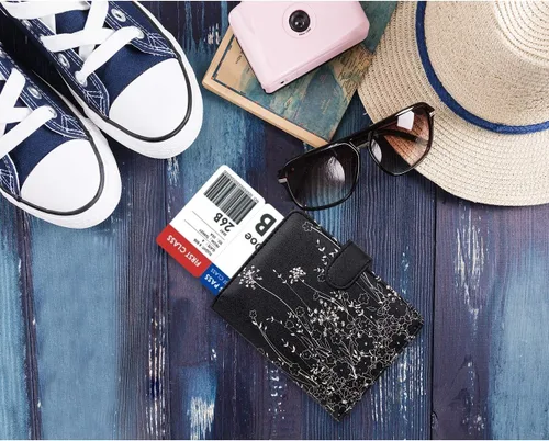 Vista 9 de WALNEW Funda para pasaporte, funda para pasaporte, tarjeta, cartera, C-black Flowers, Estilo C