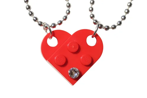Vista 2 de Brick Heart Lego Necklace with Swarovski Crystal, 2 Bricks and 2 Silver Ball Beads Necklaces with Stylish Black Box - Friendship & Romantic Present