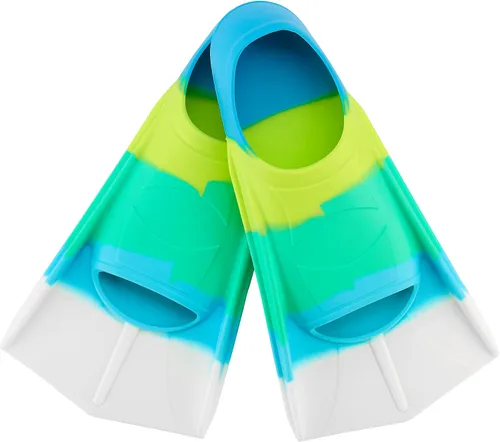 Vista 23 de Aletas de natación para niños, aletas cortas para jóvenes, aletas de entrenamiento de natación para natación de regazo, para niños y niñas Arcoíris-B