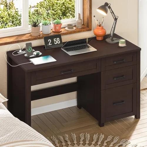 Vista 9 de Vabches Farmhouse - Escritorio ejecutivo de 47 pulgadas con 4 cajones, escritorio para computadora con cajón de archivos y estación de carga, Negro