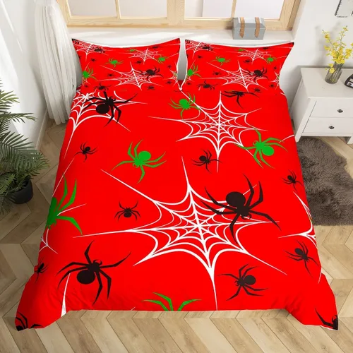 Vista 25 de Juego de ropa de cama de Halloween, funda de edredón gótica de murciélagos negros con telarañas, funda de edredón individual, diseño de arañas