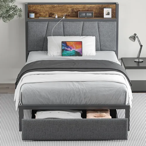 Vista 12 de CIKUNASI Base de cama tamaño Queen con cabecero y cajones de almacenamiento, base de cama con estación de carga de almacenamiento, marco de cama