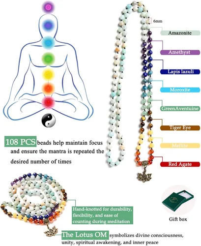 Vista 6 de Bivei 7 Chakra 108 Mala Beads Bracelet Real Healing Gemstone Yoga Meditation Hand Knotted Mala Prayer Bead Necklace