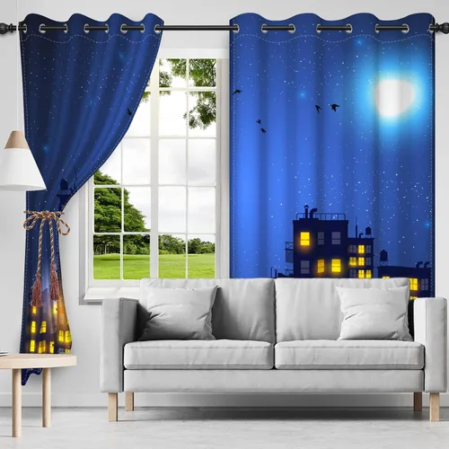 Vista 2 de Cortinas de superhéroe de 53 x 84 pulgadas, diseño de dibujos animados, cómic, edificios de ciudad, edificios, 2 paneles de oscurecimiento