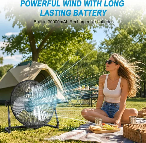 Vista 12 de DBF Ventilador solar de 20 pulgadas para exteriores, ventilador de piso recargable de 30000 mAh con panel solar de 40 W, 18 velocidades, tiempo