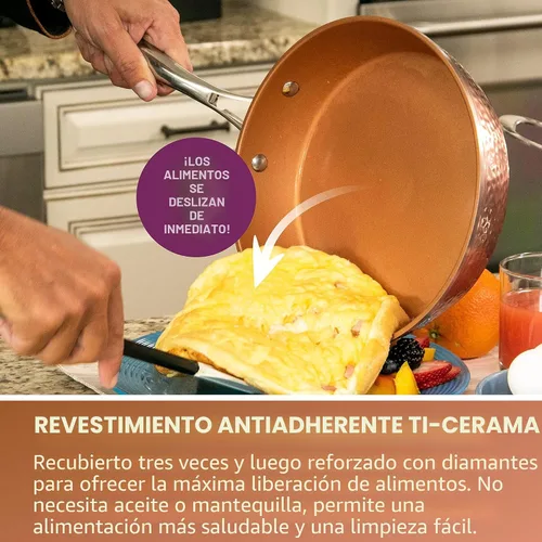 Vista 3 de Gotham Steel Juego de sartenes martilladas, 3 sartenes antiadherentes de cobre, sartén de 8, 10 y 12 pulgadas, sartén para tortillas, utensilios