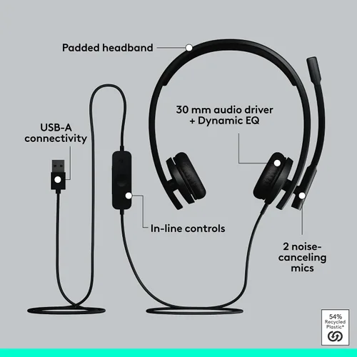 Vista 6 de Logitech H570e - Auriculares USB con micrófono para PC y Mac, auriculares con cable USB-A con sonido estéreo, micrófonos con cancelación de ruido
