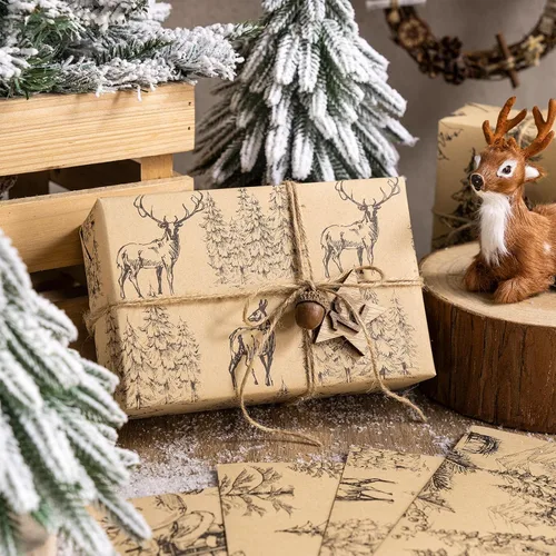 Vista 4 de RUSPEPA Papel de regalo Kraft - Diseño de reno negro y árbol de Navidad - Perfecto para Navidad, cumpleaños o cualquier ocasión - 12 hojas dobladas