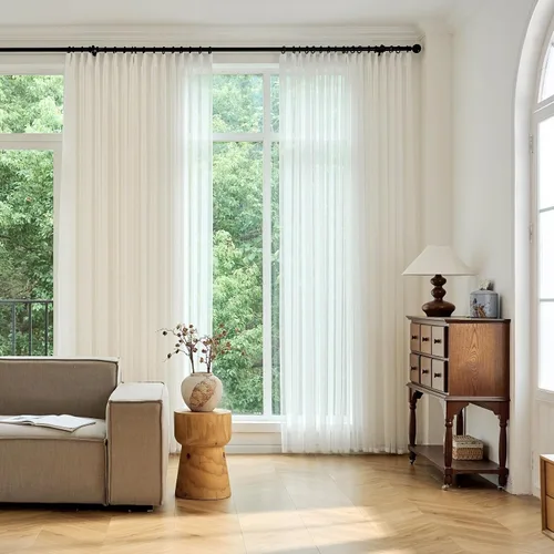 Vista 9 de Cortinas de lino plisadas color blanco hueso de 94 pulgadas, 2 paneles