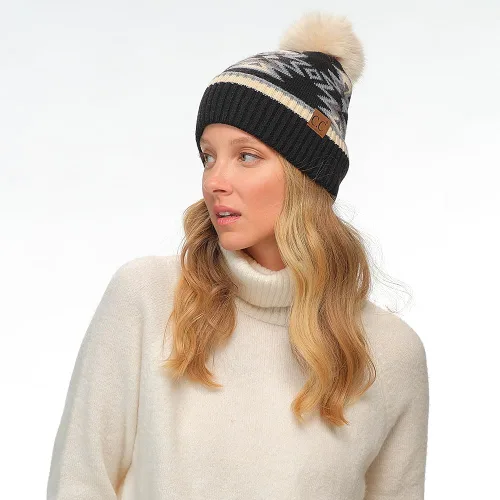 Vista 6 de C.C Southwest - Gorro de punto con pompón para mujer, unisex, elástico, suave, cálido, con piel sintética, gorro de invierno Azteca-negro