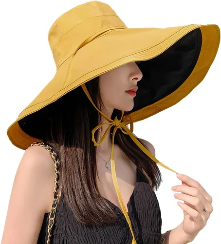 Vista 37 de Sombrero de sol de ala súper ancha para mujer, de algodón, plegable, reversible, con borde con cable, protección UV, verano, playa, viajes, jardín