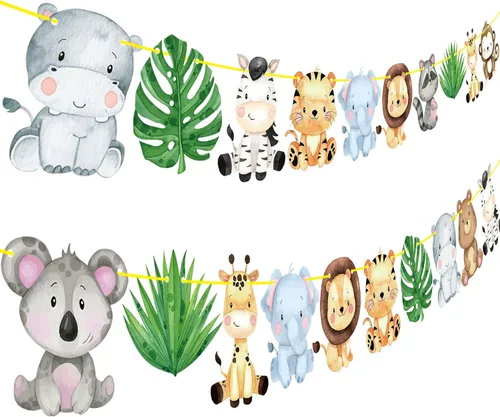Vista 2 de Pancartas de safari en la selva, 2 unidades, animales de safari, fiestas de cumpleaños, decoraciones de guirnalda de fiesta temática para Wild One