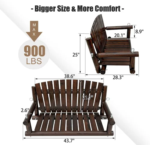 Vista 3 de 3.5 FT Rustic Log Wooden Porch Swing, Heavy-Duty 900 LBS, Outdoor Hanging Bench for Patio, Garden, Yard – Solid Fir Wood, Handcrafted