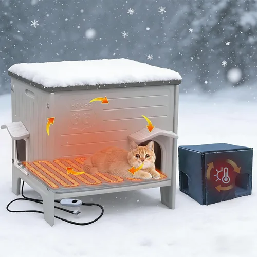 Vista 9 de Deblue Casa para Gatos de Exterior Resistente a la Intemperie Grande de Plástico Casas para Gatos con Puerta de Escape Interior Impermeable Refugio
