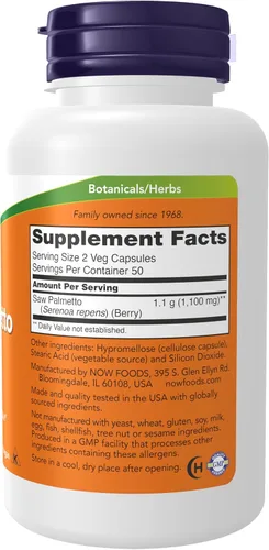 Vista 2 de NOW Suplementos, Bayas de palma enana americana (Serenoa repens) 550 mg, Salud masculina*, 100 cápsulas vegetales