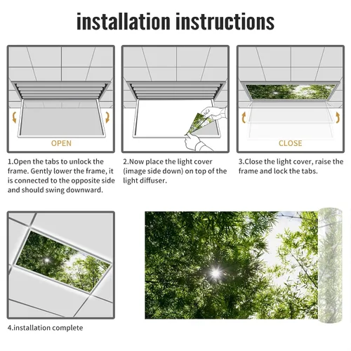 Vista 5 de Inserto de Cubierta de Luz de Techo Suspendido 4' x 2' pies (Naturaleza Bosque Hojas de Bambú Sol Verde) - Cubierta de Luz Fluorescente Reduce
