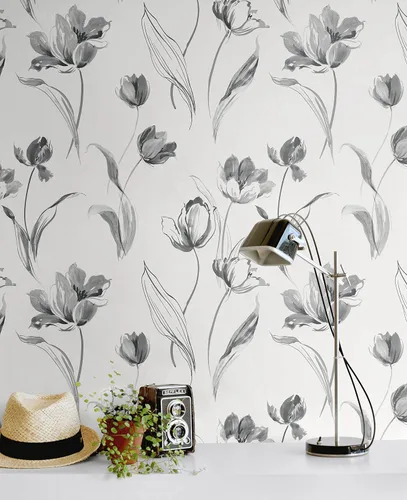 Vista 6 de NextWall Tulip Toss - Papel tapiz floral para despegar y pegar