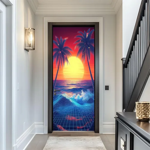 Vista 13 de Calcomanías para puerta, murales 3D, neón, retro, arcade, 80, máquinas de arcade, luces de neón, diseño retro, murales, papel tapiz autoadhesivo