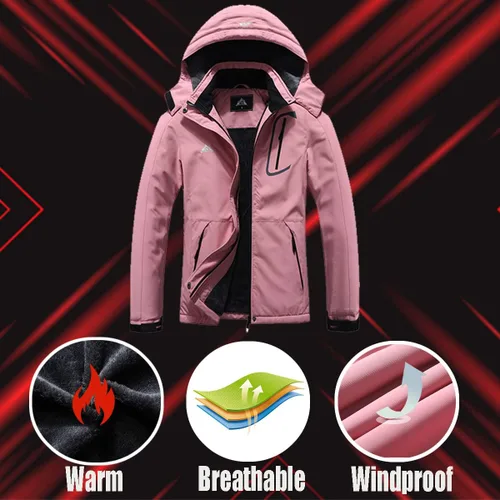 Vista 6 de Chaqueta de esquí impermeable para mujer, resistente al viento, cortavientos, abrigo de nieve cálido con capucha