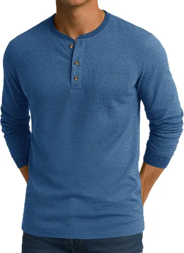Vista 17 de CRYSULLY Camisa de manga larga para hombre, de algodón, con bolsillo de 3 botones, camisetas casuales elegantes ligeras tipo pullover