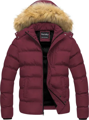 Vista 16 de Pursky Chaqueta de plumón impermeable para hombre, abrigos de invierno con capucha de piel para esquiar, parka con capucha de piel Verde militar