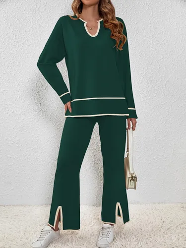 Vista 9 de SuperPrity Conjunto de 2 piezas de suéter para mujer, con cuello de muesca, manga larga, suéter de punto y pierna ancha