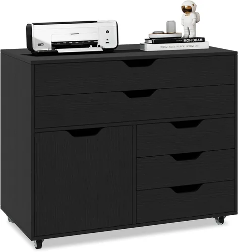 Vista 12 de Archivador negro con 4 cajones y 2 puertas Organizador de almacenamiento móvil para debajo del escritorio, soporte de impresora de madera sobre