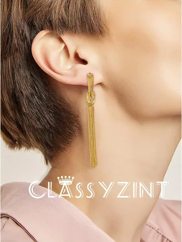 Vista 3 de CLASSYZINT Pendientes largos con borlas doradas para mujer