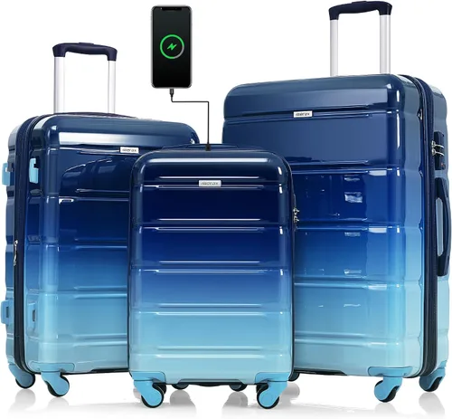 Vista 128 de Merax 3 piezas expandible ABS Hardshell equipaje Sets Spinner Wheel Maleta TSA Lock Suit Case, Apertura frontal negra, Juego de 2 piezas, Maleta