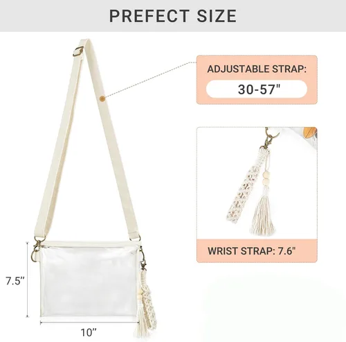 Vista 5 de Mkono Bolsa transparente aprobada para estadios, bolso pequeño para mujer con pulsera de macramé, bolsa cruzada transparente para conciertos