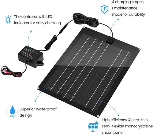 Vista 4 de Cargador de Batería Solar y Mantenedor, Kit de Panel Solar Zuomeng de 15W para Remolque de Volcado con Pulso de Mantenimiento Integrado