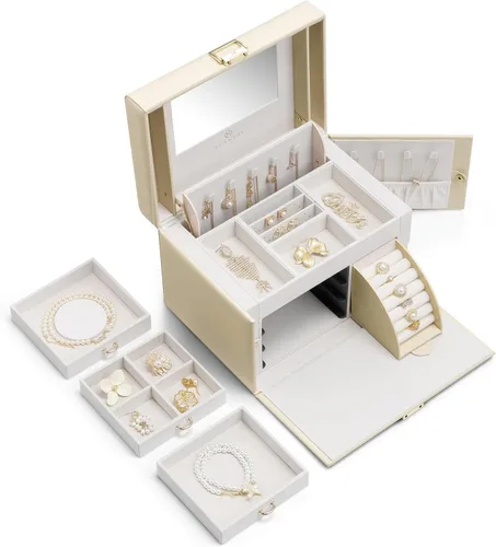 Vista 5 de Vlando Organizador de joyero con espejo, caja de almacenamiento de joyería de cuero, collares, aretes, anillos, soportes, relojes, caja