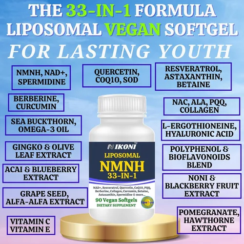 Vista 5 de Nikoni Cápsulas blandas liposomales veganas NMNH, fórmula 33 en 1 con 1000 mg de NMNH por seving, apoyo NAD+ - Promueve la energía celular, la salud