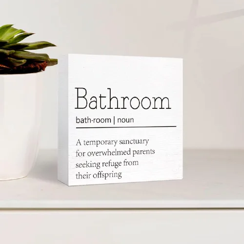 Vista 3 de Divertido letrero de madera para baño y aseo, decoración para baño - Letrero de bloque de madera de estilo granja