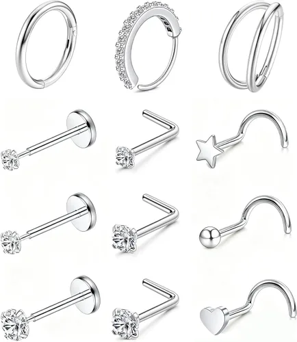 Vista 38 de Nose Rings Hoop and Nose Studs Sets for Women Men,Hypoallergenic 316L Surgical Stainless Steel Hinged Clicker Segment Nose Rings Hoop Helix