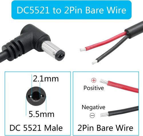 Vista 4 de DC 0.217 in x 0.083 in enchufe macho cable de alimentación coleta 0.5M/1.6 pies, 18AWG ángulo recto de 90 grados DC5521 enchufe macho a 2 pines