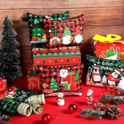 Vista 7 de Zonon Juego de 6 bolsas de maquillaje de lona de Navidad, pequeñas bolsas de cosméticos con cremallera portátil, bonita bolsa de estilo cuadros