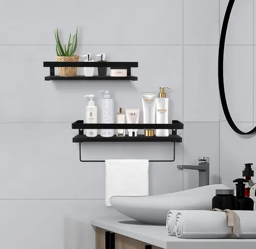 Vista 6 de Y&ME YM Estantes flotantes negros con toallero, juego de 2 estantes de baño para colgar en la pared, estantes decorativos flotantes de madera