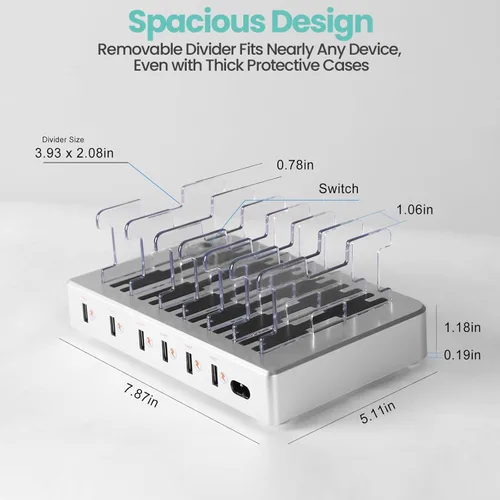 Vista 2 de Estación de carga rápida de 300 W para múltiples dispositivos, concentrador de carga USB de 6 puertos, organizador universal de cargador